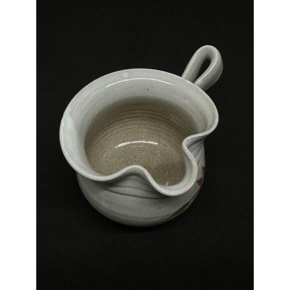 Handmade Studio Pottery Creamer Crackle Glaze Tan Leaves Cream Pinch Pot Pitcher - Picture 5 of 10